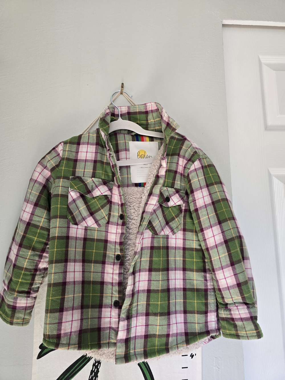 Boden Green and Pink Plaid Sherpa-Lined Button-Down Shirt Jacket